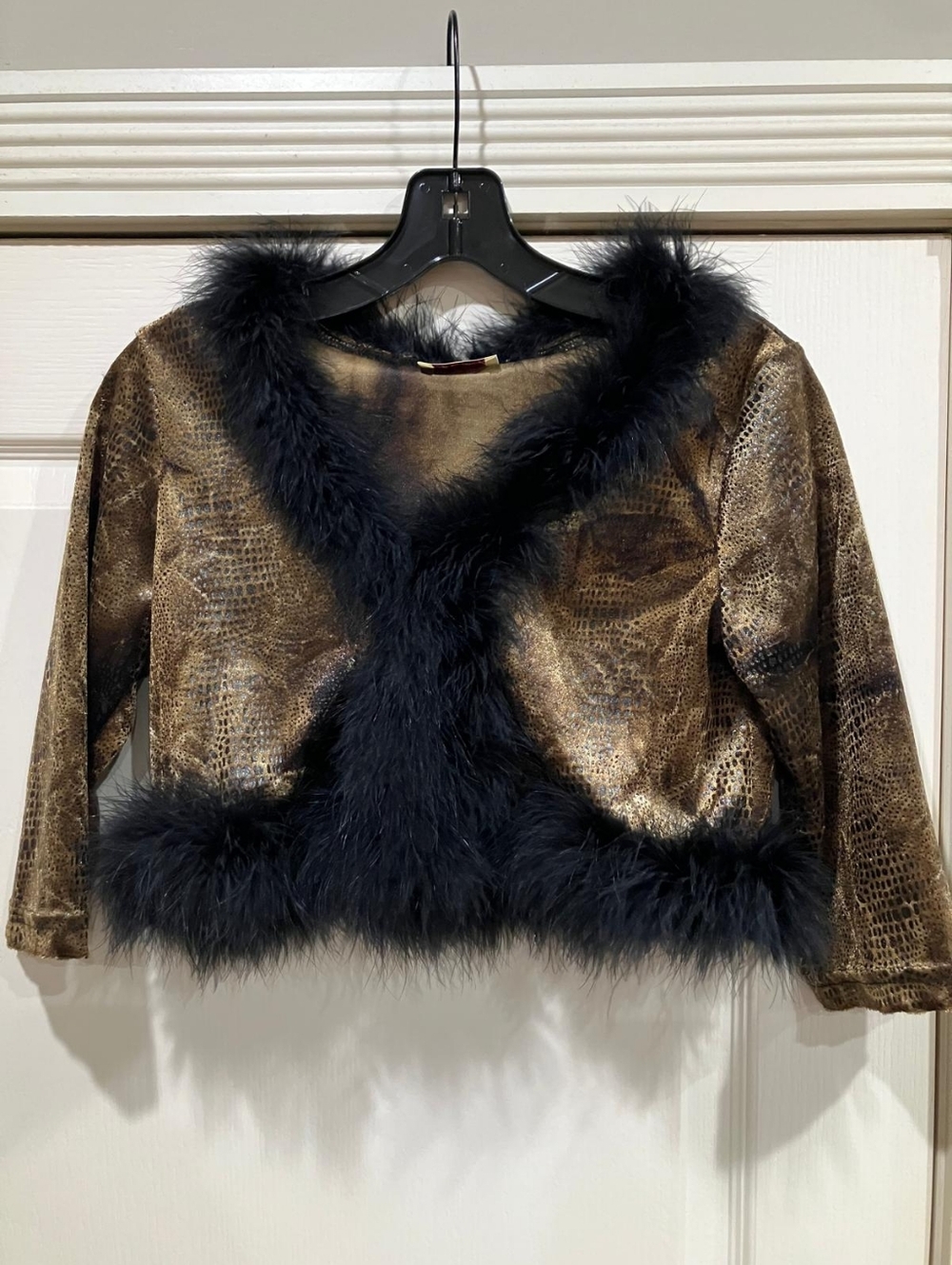 Faux-Snake Metallic Brown Cropped Jacket with Black Faux-Fur Trim